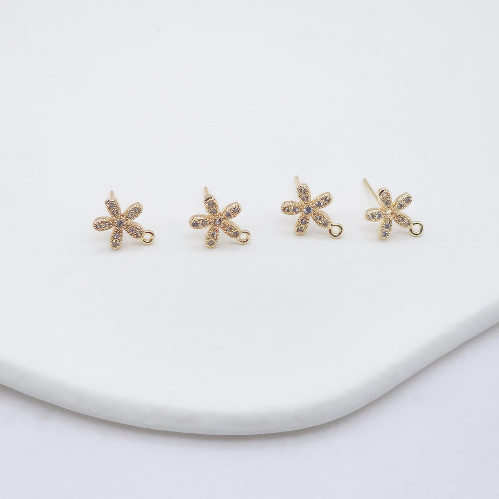 4PCS Flower Earring Post, Real Gold Plated Brass Stud Earring With Loop, S925 Silver Ear Pin, CZ Pave Ear Post, Earring Finding ZX044