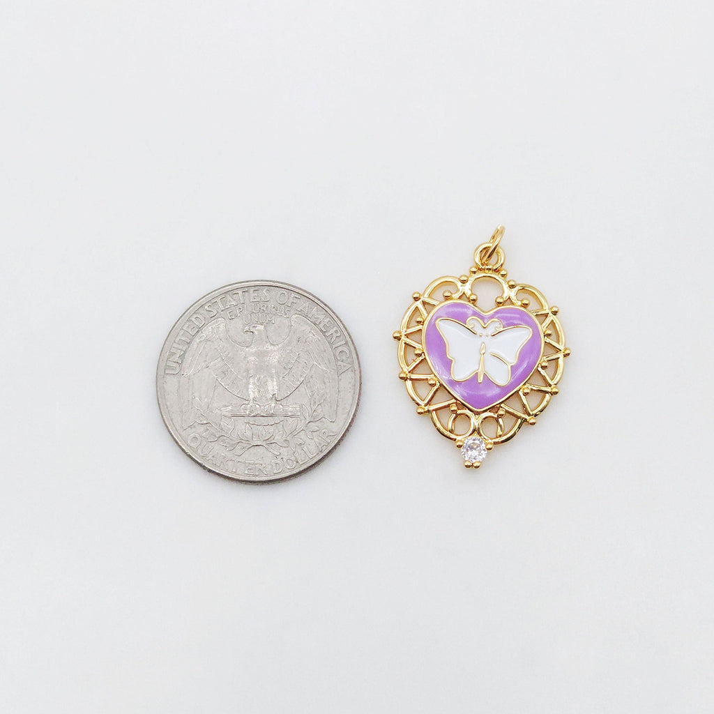 Enamel Butterfly Dangle Pendants, Heart Shape, 18K Gold Plated Enamel Butterfly Pendant, Earring Making Charm, Jewelry Findings S20552