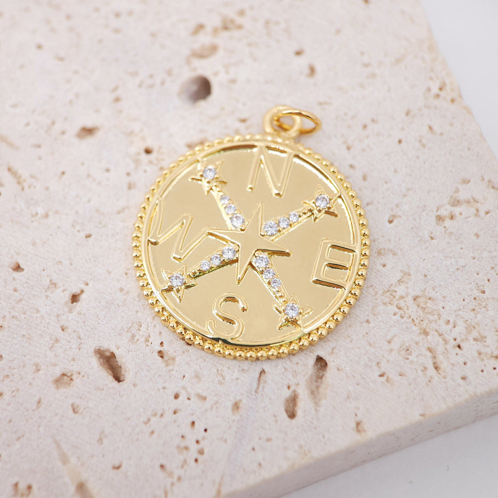 18K Gold Compass Pendant, Compass Charm for Necklace Making, Jewelry Findings S20480