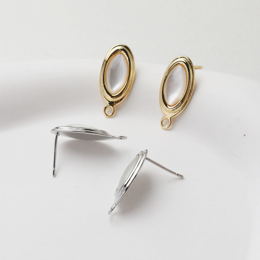 Poste para aretes de concha ovalada, chapado en oro de 14 quilates, concha de abulón, alfiler de plata S925 sin níquel, fornitura hipoalergénica GT040