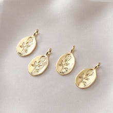Load image into Gallery viewer, Rose Charm On Oval Shape, 18K Gold/Silver Plated, Flower Pendant, Necklace Earring Making Charms, 25mm, Jewelry Findings JH007