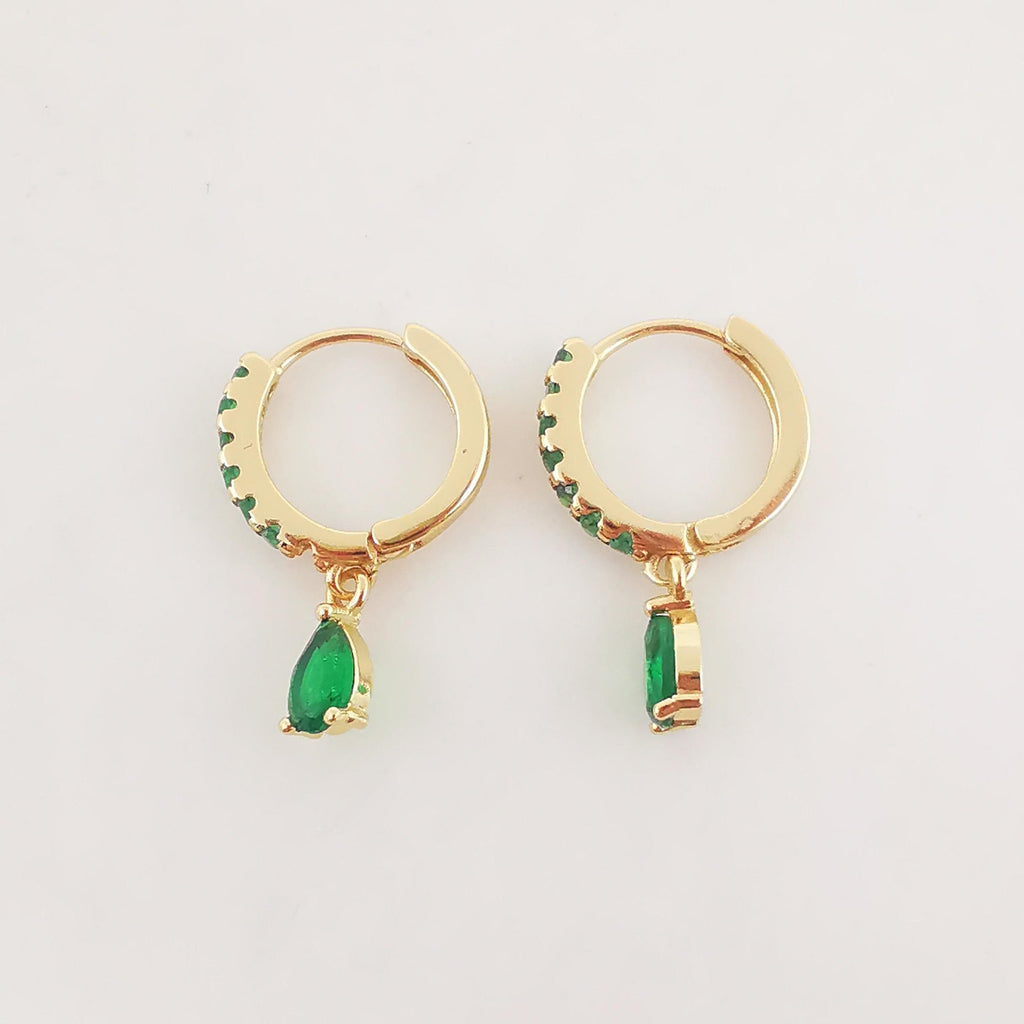 Cubic Ear Hoops Multicolor Pave Crystal, With Tear Drop Crystal, 23mm, 18K Gold Plated Leverback Earrings, Huggie Hoops Earring S20266