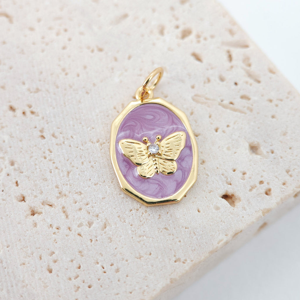 Oval Shape Butterfly Charm, 18K Gold Plated Purple Enamel Butterfly Pendant, 12x18mm, Necklace Making Charm, Jewelry Findings S1075