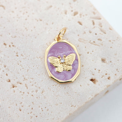 Oval Shape Butterfly Charm, 18K Gold Plated Purple Enamel Butterfly Pendant, 12x18mm, Necklace Making Charm, Jewelry Findings S1075