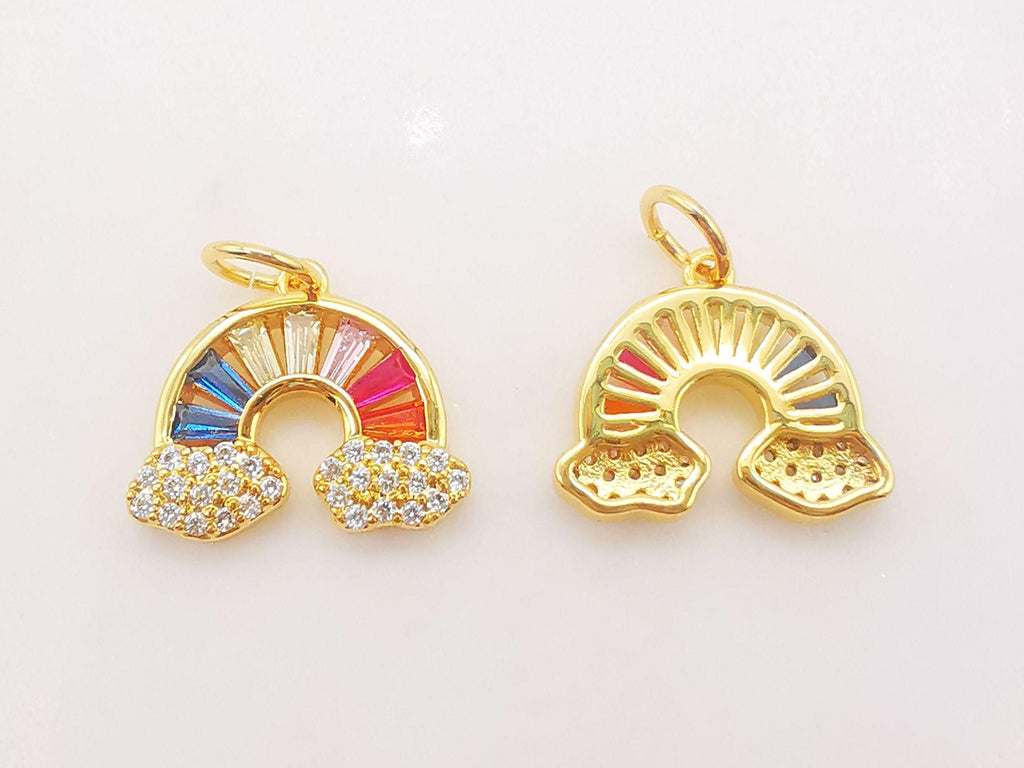Dainty Rainbow Cloud Charm, Colorful Micro CZ Pave Rainbow Pendant, 14mm, 18K Gold Plated, Necklace Making Charm, Jewelry Findings S118