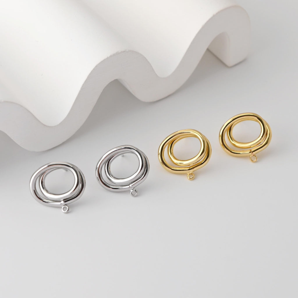 Oval Earrings Post With Loop, 18K Gold Plated, Nickel Free, S925 Silver Pin, Hollow Ear Stud Hypoallergenic Earring Findings D0362