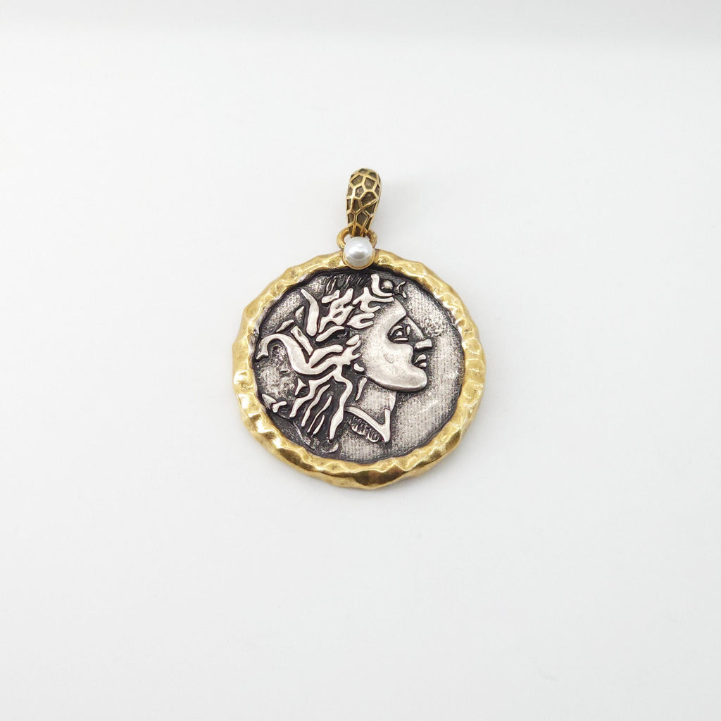 Antique Silver Boho Head Pendant, Boho Coin Charm, Gold Plated, Necklace Making Charm, Jewelry Findings S20699