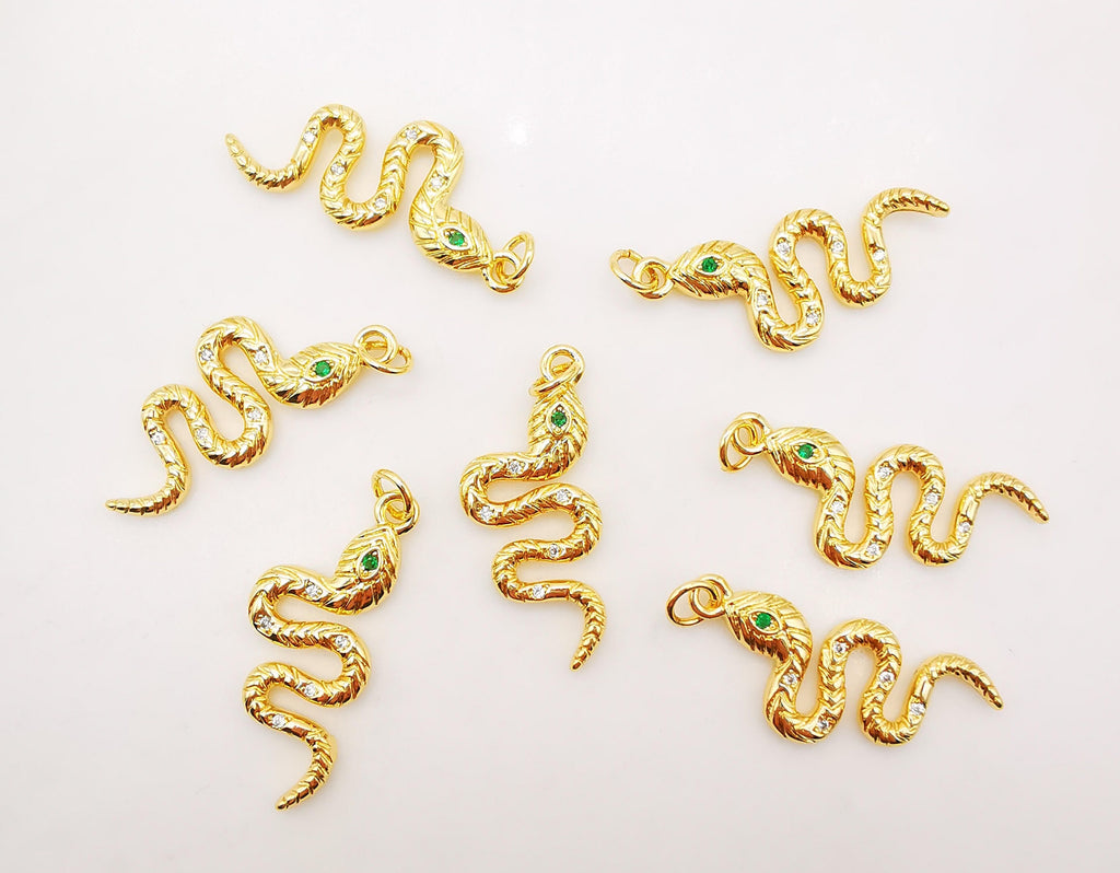 Snake Charm, 18K Gold Plated Snake Pendant for Necklace Making, 30x12mm, Micro CZ Pave Charm, Jewelry Finding S928