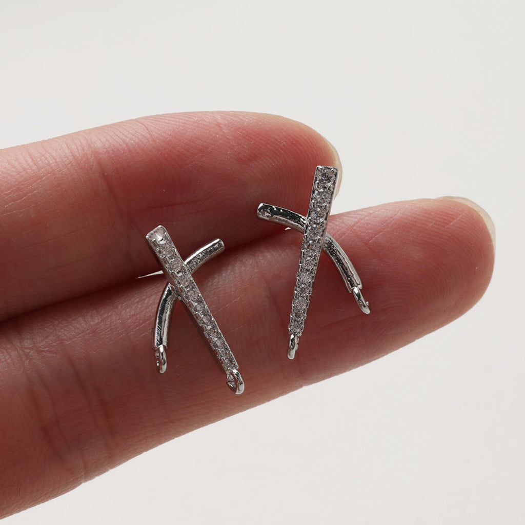 Cubic Crossover Post with Loop, S925 Silver Ear Pin Nickel Free Earring, Gold/Silver Cross Ear Stud, Hypoallergenic Earring Finding GT023