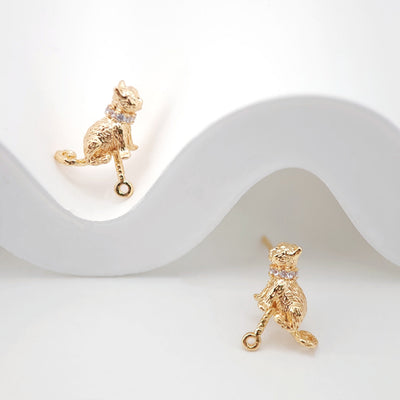 Cute Cat Earring Post, 18K Gold, S925 Silver Pin Nickel Free Earrings, Kitty Earring Animal Head Ear Stud with Loop ZX095