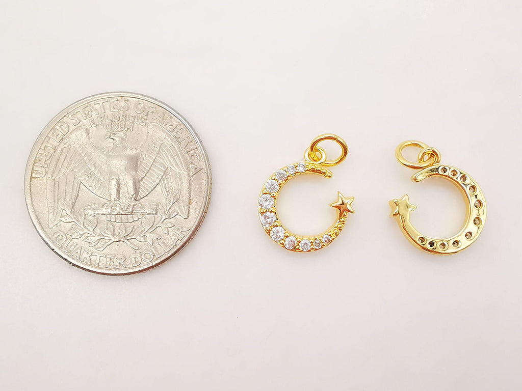 Cubic Crescent Moon Charm, 18K Gold Plated Moon Pendant, Clear Micro CZ Pave Horn Charms, Jewelry Findings S766
