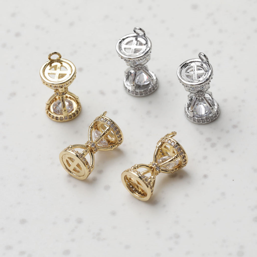 3D Hourglass Pendant, Gold/Silver Plated, Cubic Zirconia Charms, 14K Gold Plated, Necklace Making Pendants, Jewelry Findings GT030