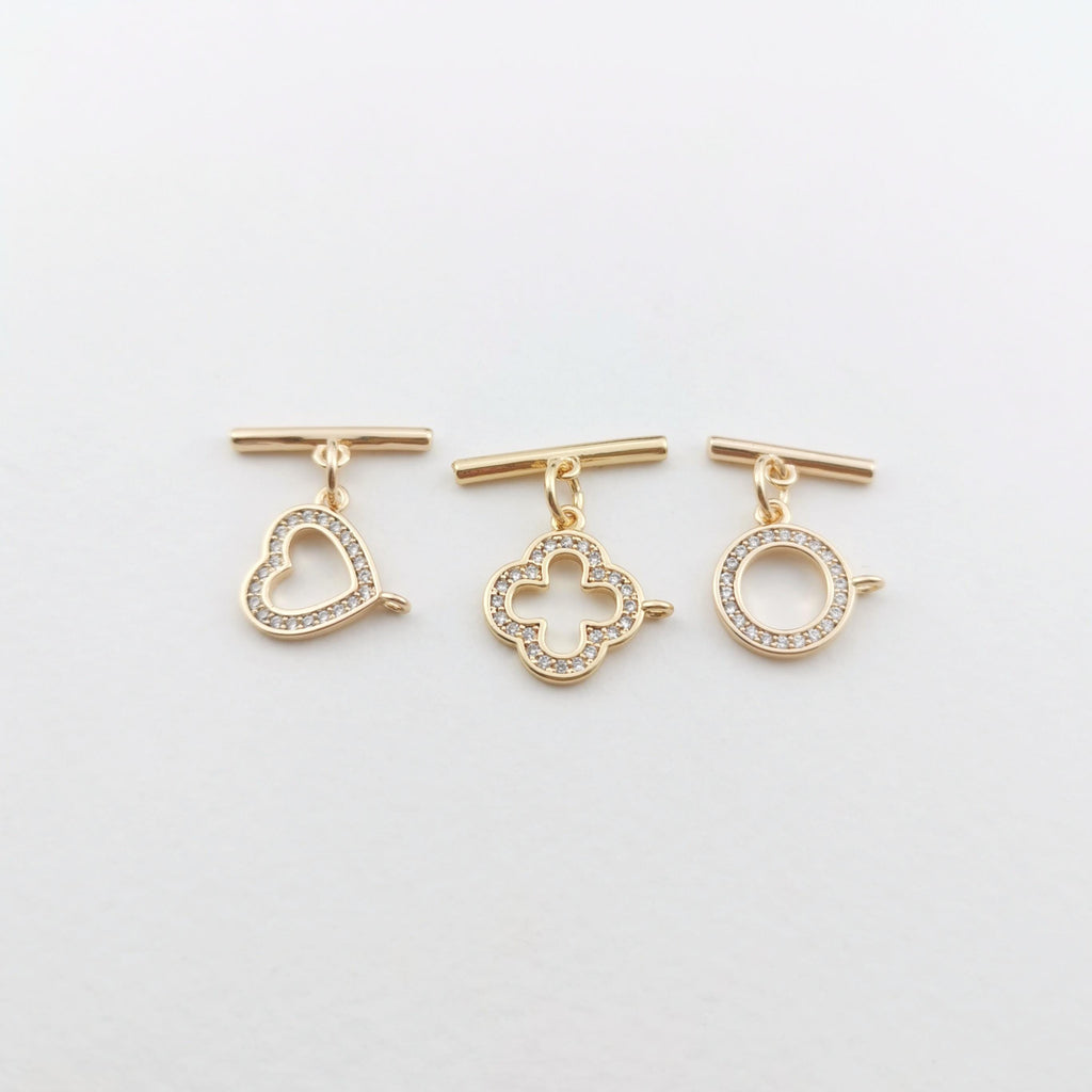 Four Leaf Clover/Circle/Heart OT Toggle Clasps, 18K Gold Plated OT Buckle, CZ Pave, Necklace Closure, Connectors Clasps, ZX051