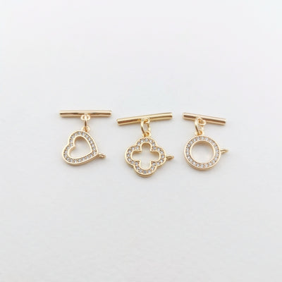 Four Leaf Clover/Circle/Heart OT Toggle Clasps, 18K Gold Plated OT Buckle, CZ Pave, Necklace Closure, Connectors Clasps, ZX051