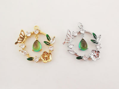 Dainty Floral Charm, CZ Pave Floral Pendant, Drop Crystal Multi Color, 18K Gold Plated, Necklace Pendant Findings S20277