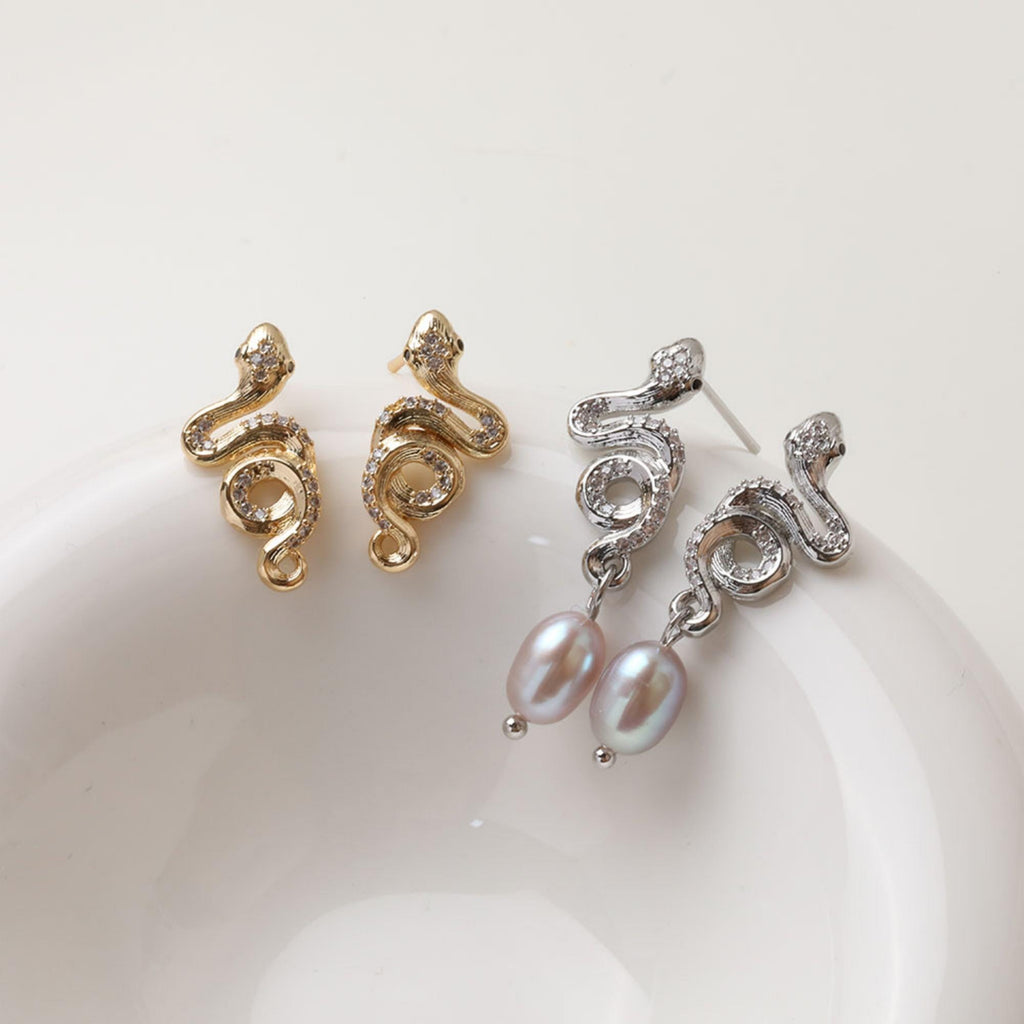 Snake Earrings Post With Loop, 18K Gold Plated, CZ Pave, Nickel Free, S925 Silver Pin, Ear Stud Hypoallergenic Earring Findings GZ779