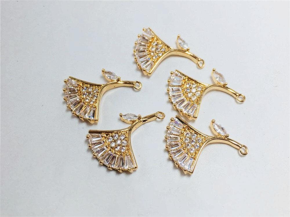 CZ Pave Fan Shape Charm, Cubic Zircon Crystal Fan Connector, CZ Earring Charms, Real Gold Plated, Jewelry Findings STG053-F219