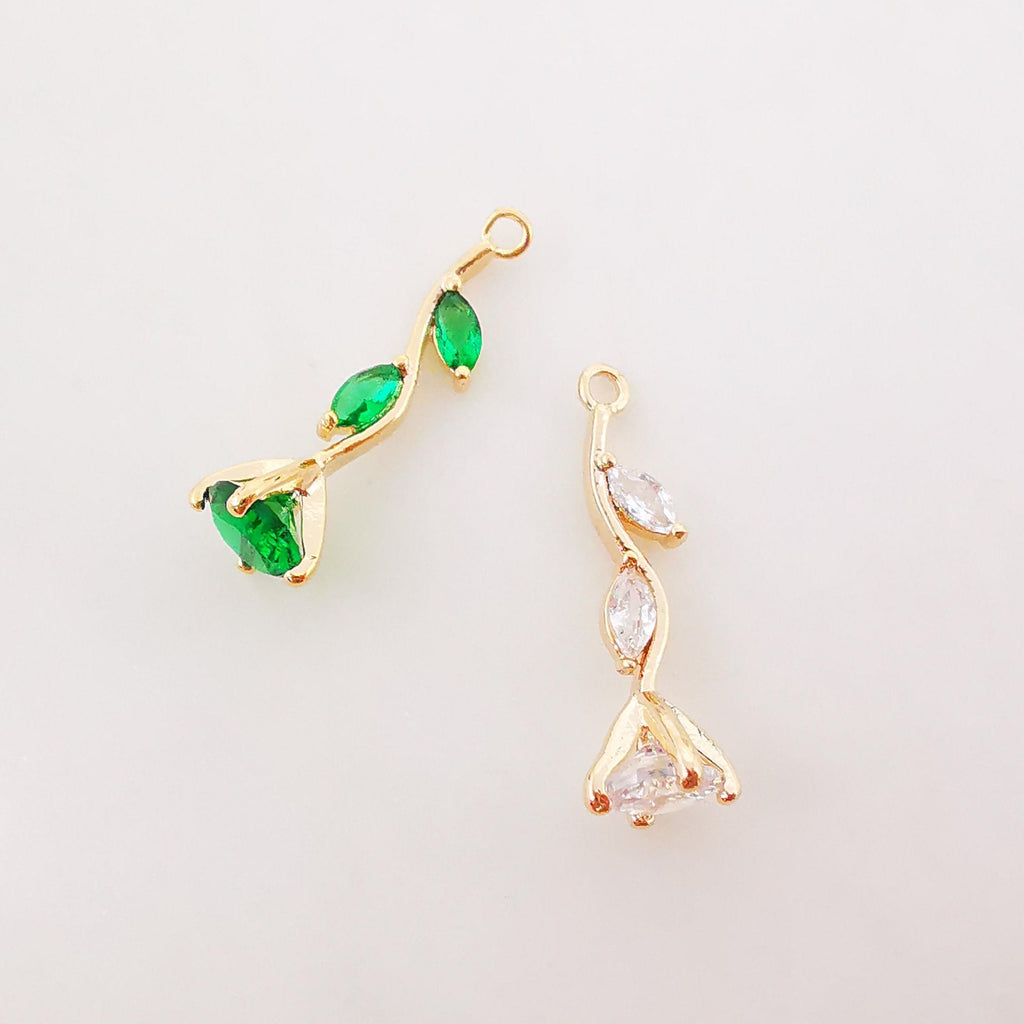 2PCS CZ Pave Flower Charm, Cubic Zircon Crystal Leaf Pendant, Bracelet Necklace Pendant, Gold Plated Charm, Jewelry Findings B026