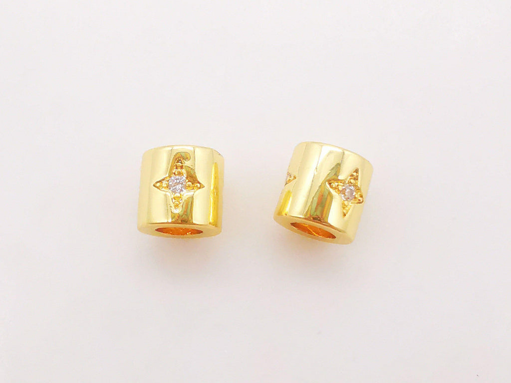 10PCS 6mm Moon Star Tube Spacer Beads, Micro Pave Symbols Large Hole Cubic Beads, 18K Gold Plated, Bracelet Making Jewelry Finding S240