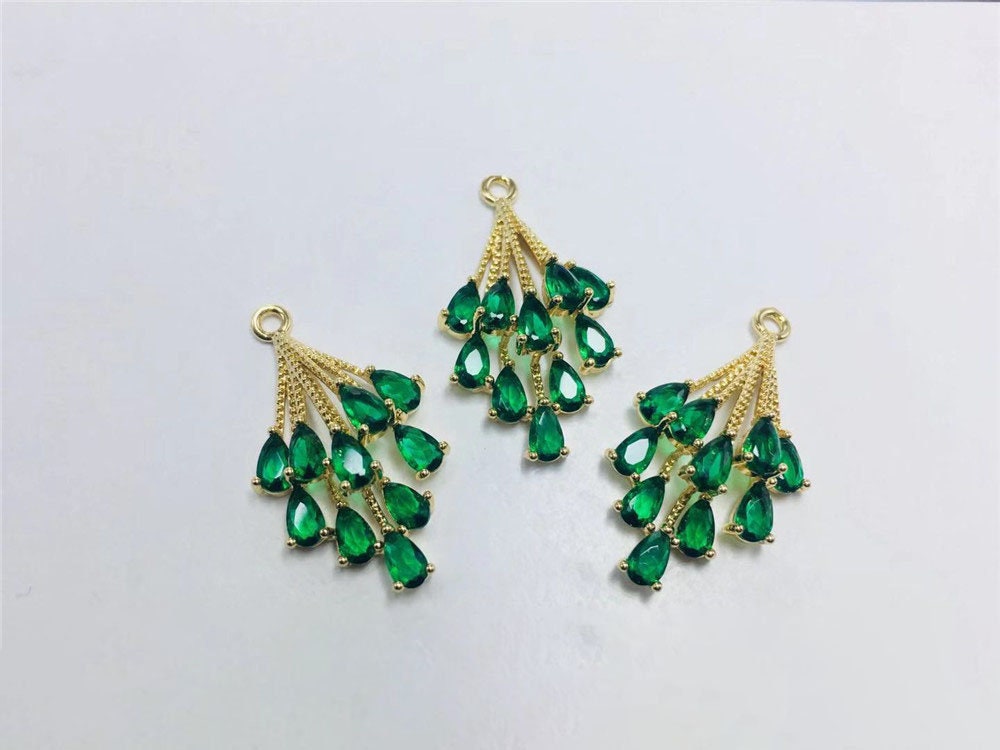 CZ Pave Leaf Charm, Cubic Zircon Crystal Leaf Pendant, CZ Earring Charms,  Real Gold Plated  Earring Charms, Jewelry Findings ZR007-F044