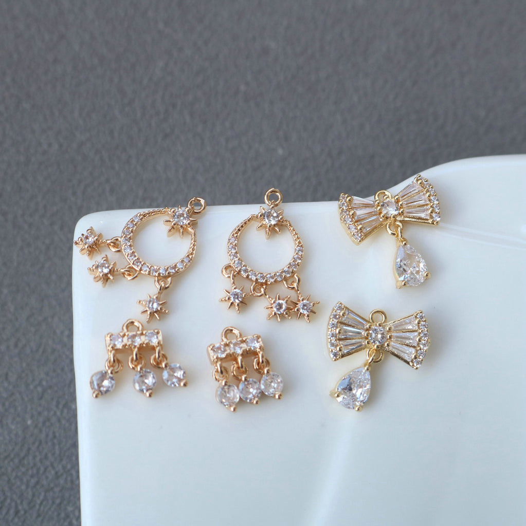 10pcs Flower Charm, Cubic Zircon Bow Pendant, Drop CZ Earring Charms,  Real Gold Plated Brass Earring Charms, Jewelry Findings HL096-F110