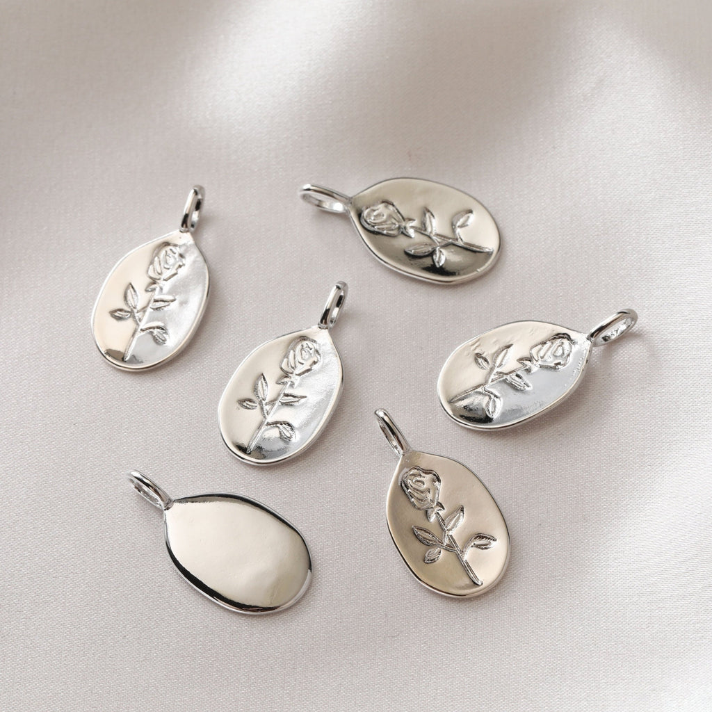 Rose Charm On Oval Shape, 18K Gold/Silver Plated, Flower Pendant, Necklace Earring Making Charms, 25mm, Jewelry Findings JH007