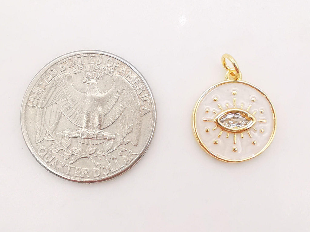 Enamel Cubic Evil Eye Charm, 18K Gold Plated Micro CZ Pave Round Pendant, 15mm, Necklace Making Charm, Jewelry Findings S128