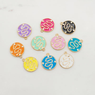 Snake Charm, Dainty CZ Pave, Round Enamel 18K Gold Plated, Snake Pendant, Bracelet Necklace Making Charm, 15mm Jewelry Finding S20382