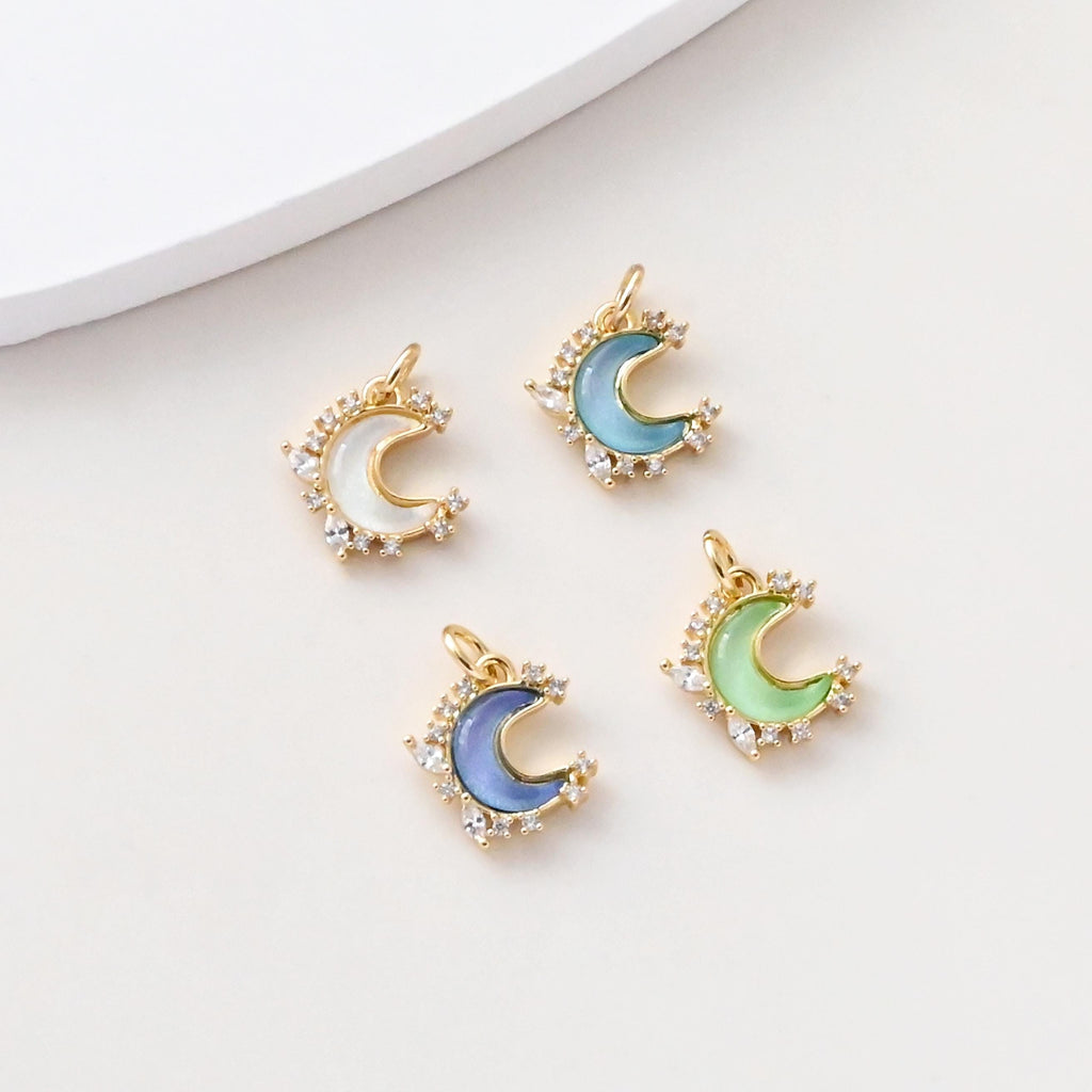 Tiny Moon Charms, Crystal Moon Pendant, CZ Pave Charm, 18K Gold Plated Moon Pendant, For Necklace And Earring Making, Jewelry Findings S1391