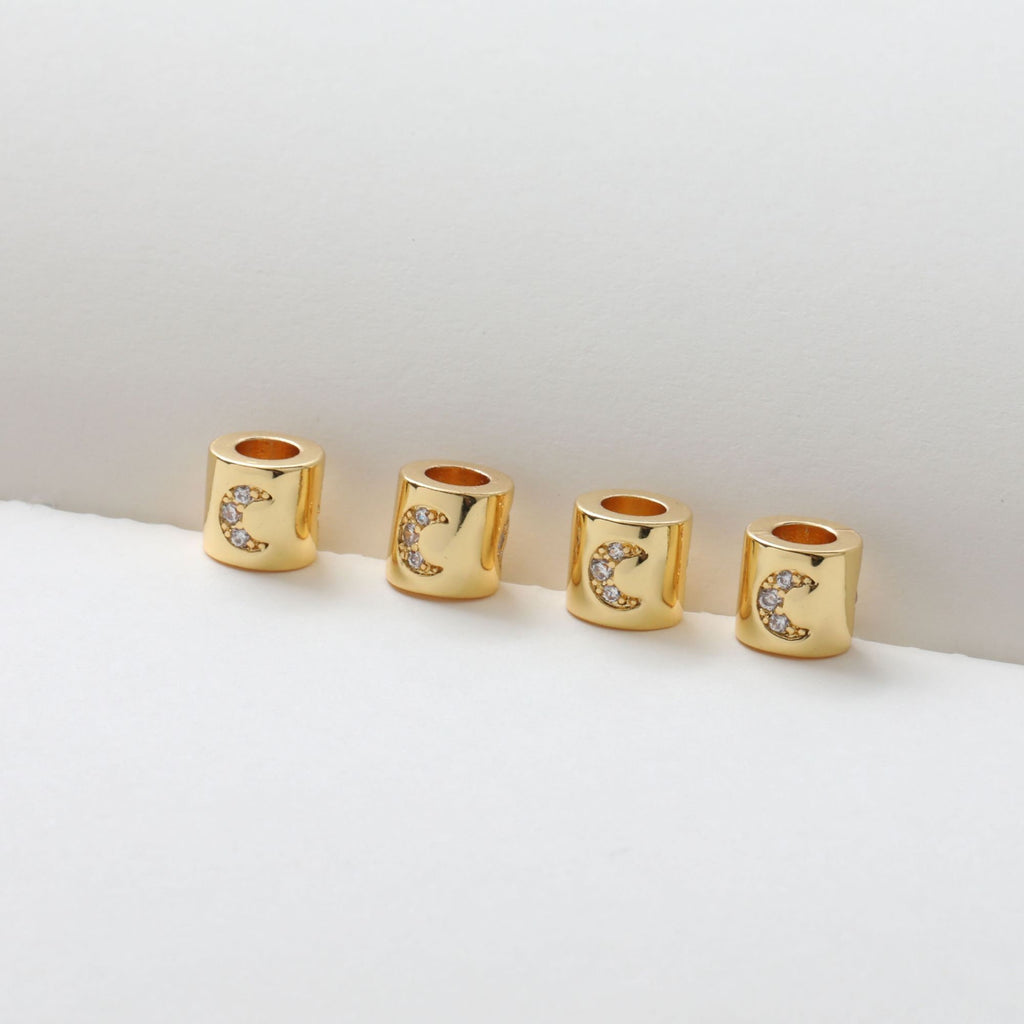 10PCS 6mm Moon Star Tube Spacer Beads, Micro Pave Symbols Large Hole Cubic Beads, 18K Gold Plated, Bracelet Making Jewelry Finding S240