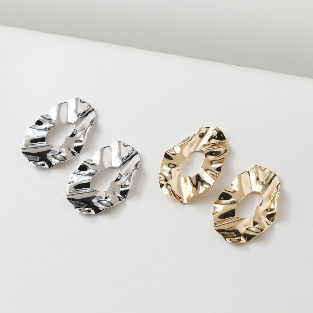 Irregular Pleated Openwork Pendant, 14K Gold/Silver, Oval Charm, Earring Making Finding ZZ093