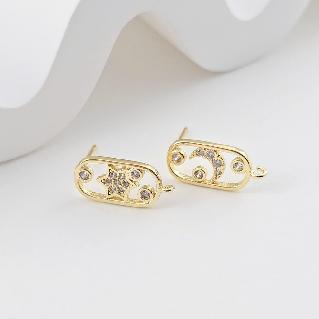 Moon and Star Ear Post, Sold as ONE Pair, S925 Silver Ear Pin, Nickel Free, 18K Gold Ear Stud, Hypoallergenic Earring Findings D0276