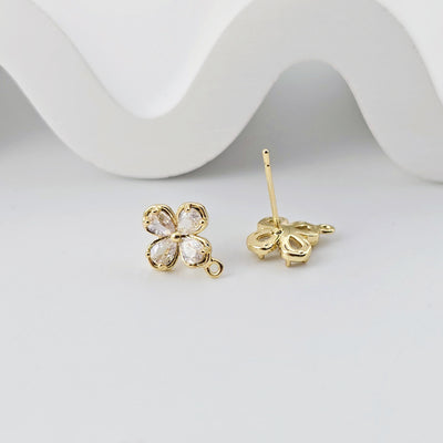Cubic Zirconia Flower Post Earrings, Gold Plated Earring Post with Loop, Hypoallergenic, Handmade Earring Finding,DIY Earring Supplies D0263