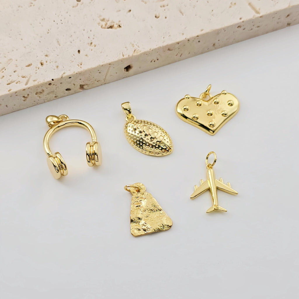 Gold Earphone Pendant, Rugby balls, Airplanes, Hearts, Hammered Pieces Pendant, 18K Gold Plated, Jewelry Findings S1276