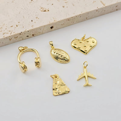 Gold Earphone Pendant, Rugby balls, Airplanes, Hearts, Hammered Pieces Pendant, 18K Gold Plated, Jewelry Findings S1276