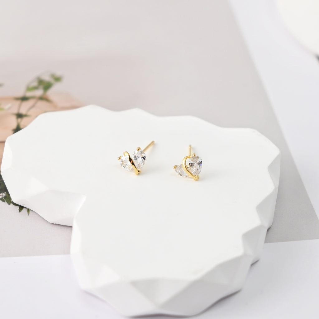 Heart-Shaped Stud Earrings, Zircon Stone Inlaid, 18K Gold Plated, S925 Ear Pin |Finished Earring