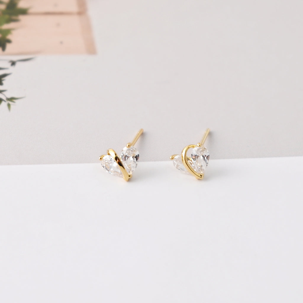 Heart-Shaped Stud Earrings, Zircon Stone Inlaid, 18K Gold Plated, S925 Ear Pin |Finished Earring
