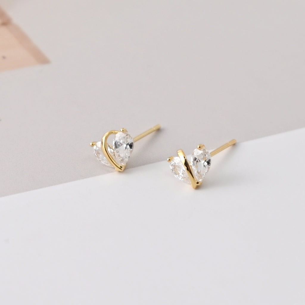 Heart-Shaped Stud Earrings, Zircon Stone Inlaid, 18K Gold Plated, S925 Ear Pin |Finished Earring