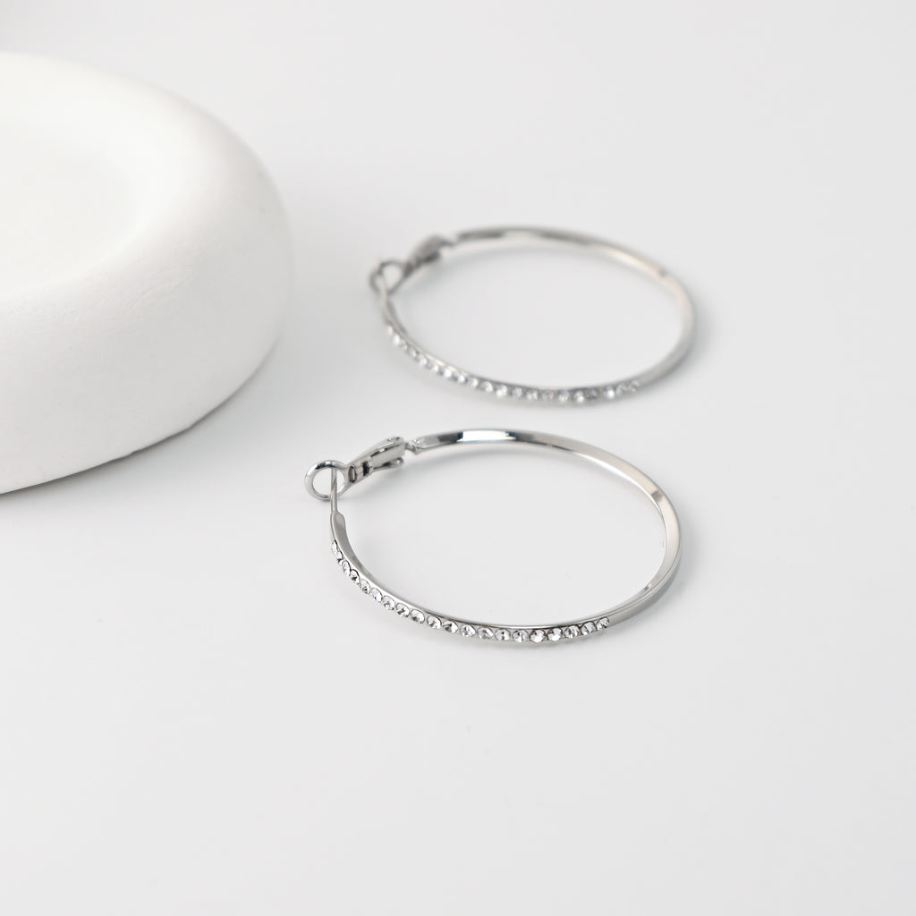 Rhodium Plated Hoop Earrings, Silver CZ Pave Hoops, Hoop Earrings | Finished Earrings