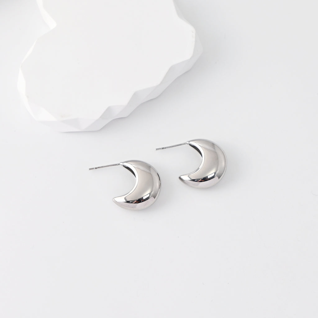 C Shape Earrings | Rhodium Plated, Silver Moon-shaped Post Earring, S925 Sterling Silver Ear Pin, Finished Earring