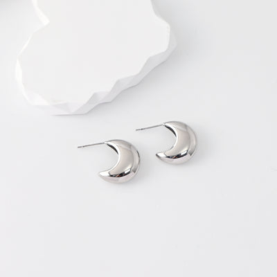 C Shape Earrings | Rhodium Plated, Silver Moon-shaped Post Earring, S925 Sterling Silver Ear Pin, Finished Earring