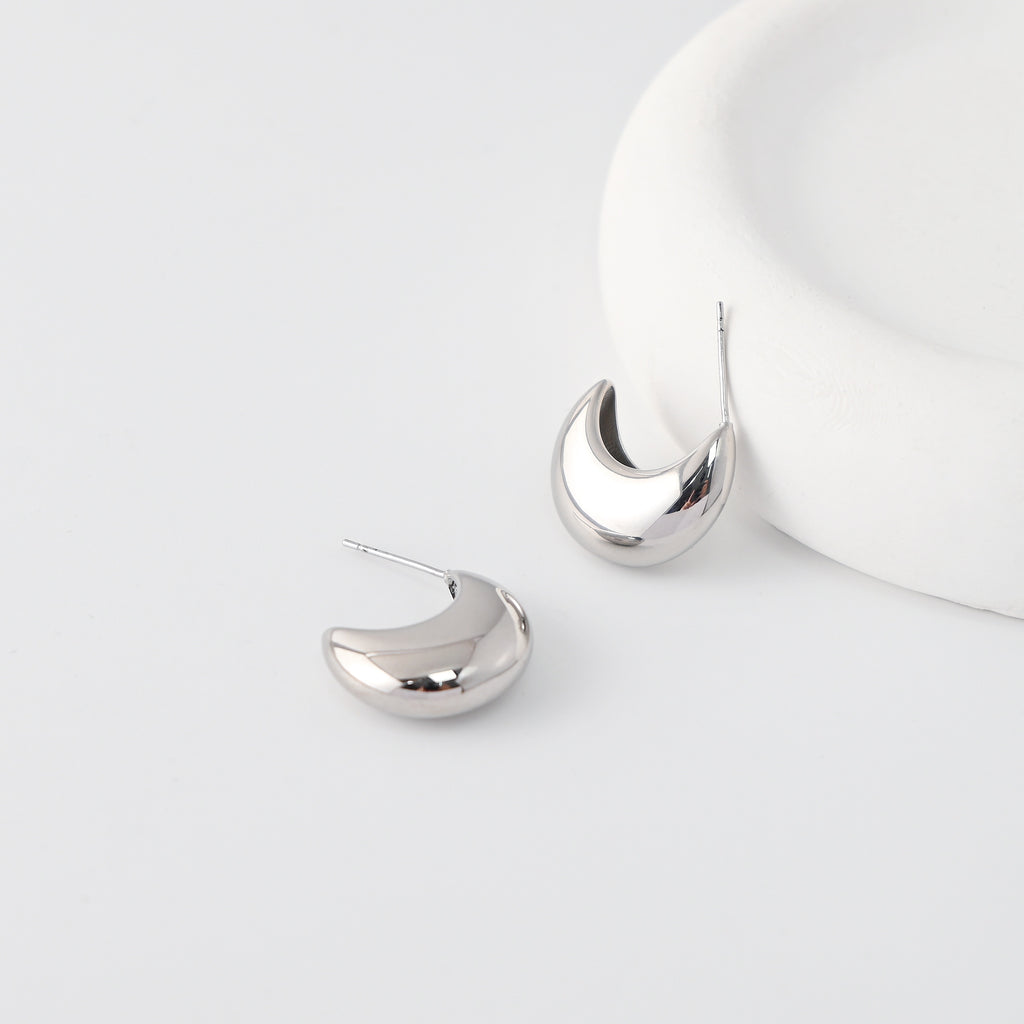 C Shape Earrings | Rhodium Plated, Silver Moon-shaped Post Earring, S925 Sterling Silver Ear Pin, Finished Earring