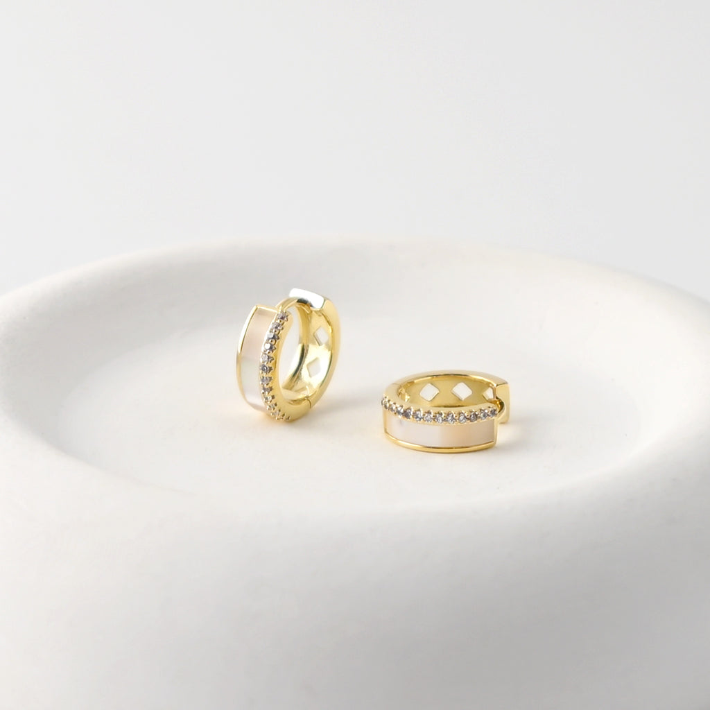 18K Gold-Plated Hoop Earrings, Sterling Silver Made, CZ Pave Hoop, Round Hoops, MOP Hoop, | Finished Earrings