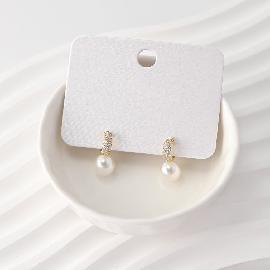 C Shape Earrings | ABS Pearl & Zircon Inlaid, 18K Gold Plated S925 Sterling Silver Post, Finished Earring