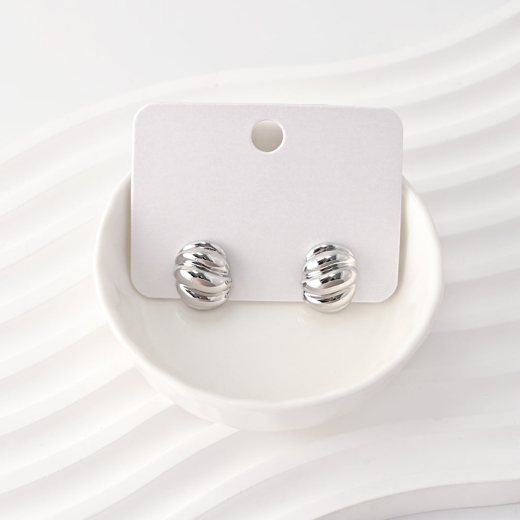 C Shape Earrings | Rhodium Plated,  Pleated Post Earring, S925 Sterling Silver Ear Pin, Finished Earring C025