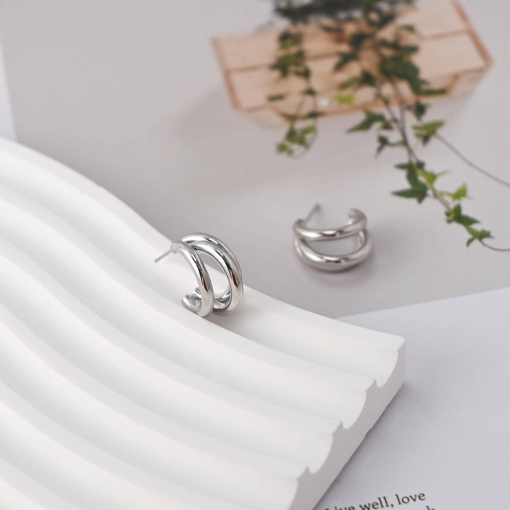 C Shape Earrings | Rhodium Plated,  Pleated Post Earring, S925 Sterling Silver Ear Pin, Finished Earring