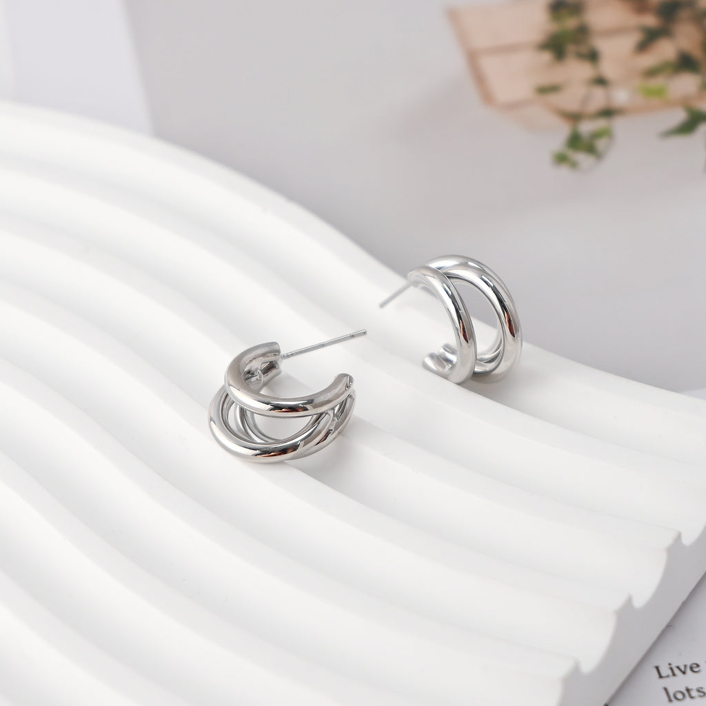 C Shape Earrings | Rhodium Plated,  Pleated Post Earring, S925 Sterling Silver Ear Pin, Finished Earring
