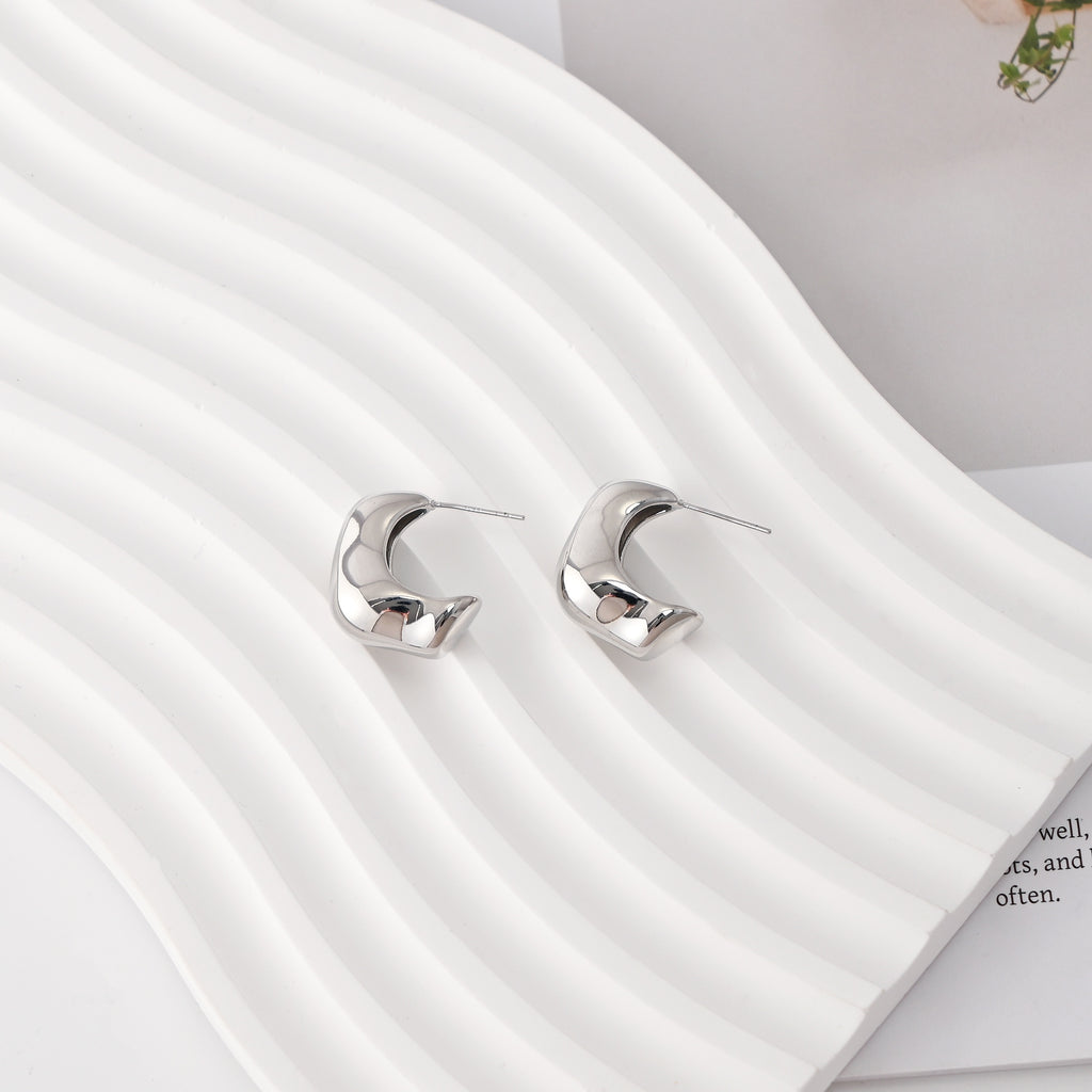 C Shape Earrings | Rhodium Plated, Post Earring, S925 Sterling Silver Ear Pin, Finished Earring