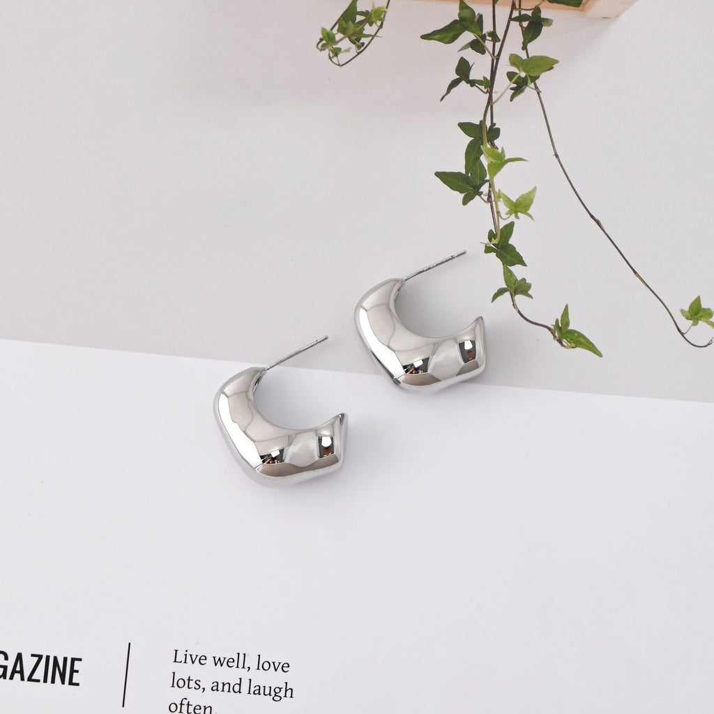 C Shape Earrings | Rhodium Plated, Post Earring, S925 Sterling Silver Ear Pin, Finished Earring