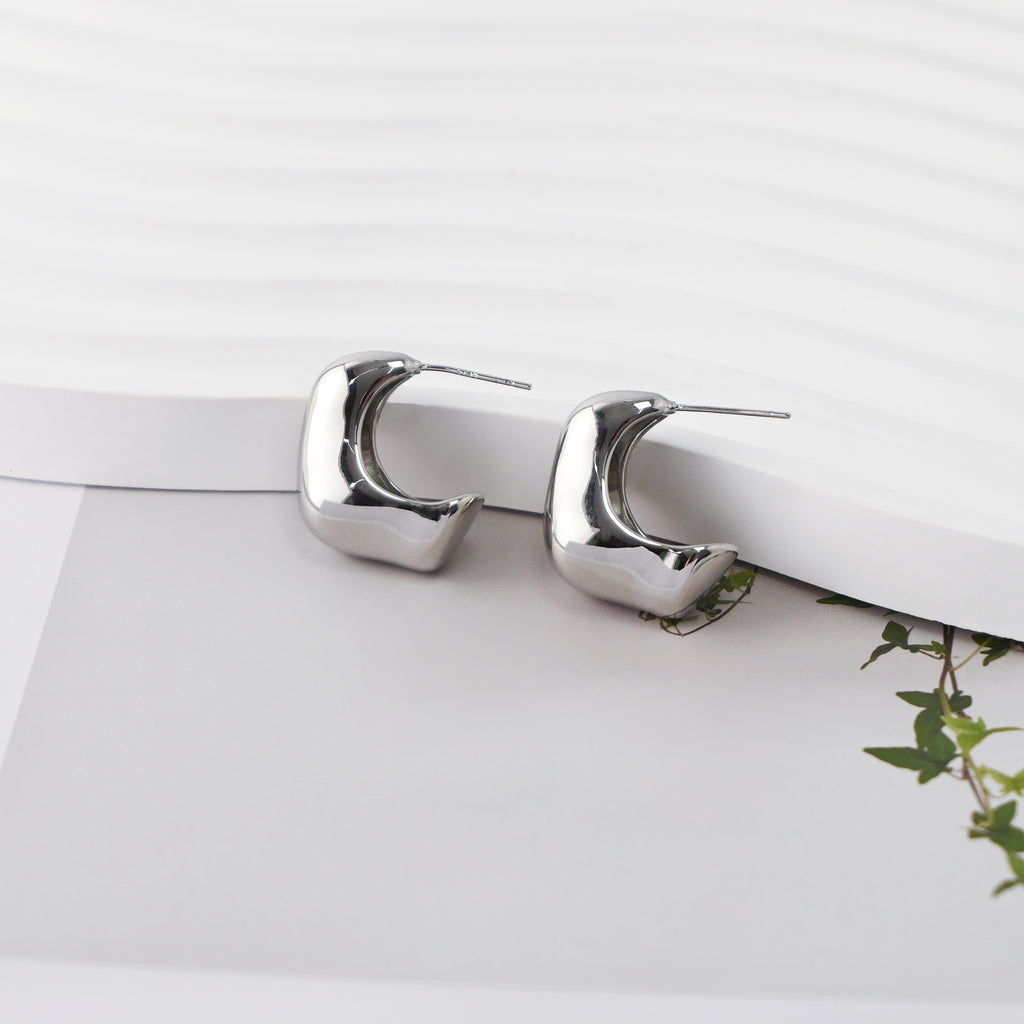 C Shape Earrings | Rhodium Plated, Post Earring, S925 Sterling Silver Ear Pin, Finished Earring